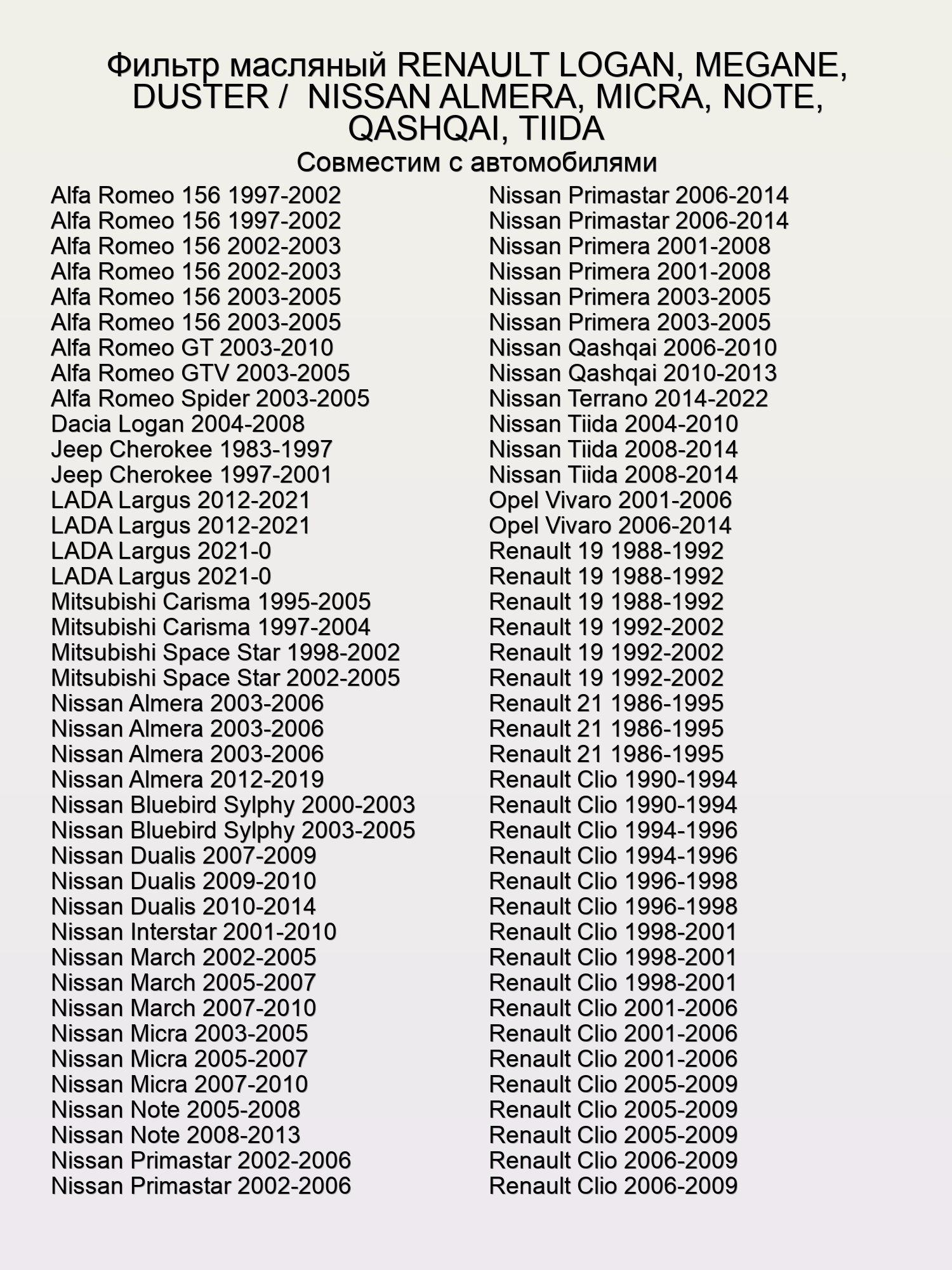 Фильтр масляный RENAULT LOGAN, MEGANE, DUSTER /  NISSAN ALMERA, MICRA, NOTE, QASHQAI, TIIDA