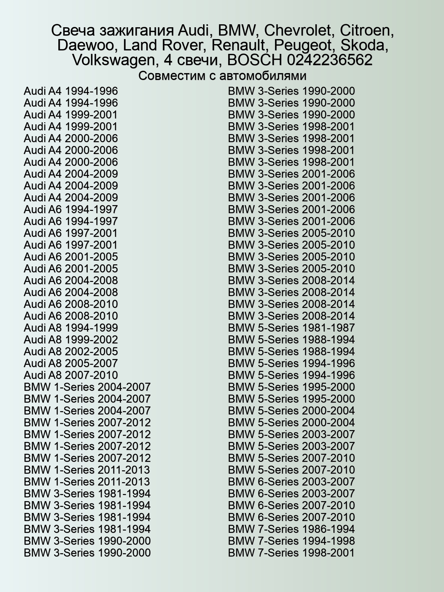 Свеча зажигания Audi, BMW, Chevrolet, Citroen, Daewoo, Land Rover, Renault, Peugeot, Skoda, Volkswagen, 4 свечи, BOSCH 0242236562