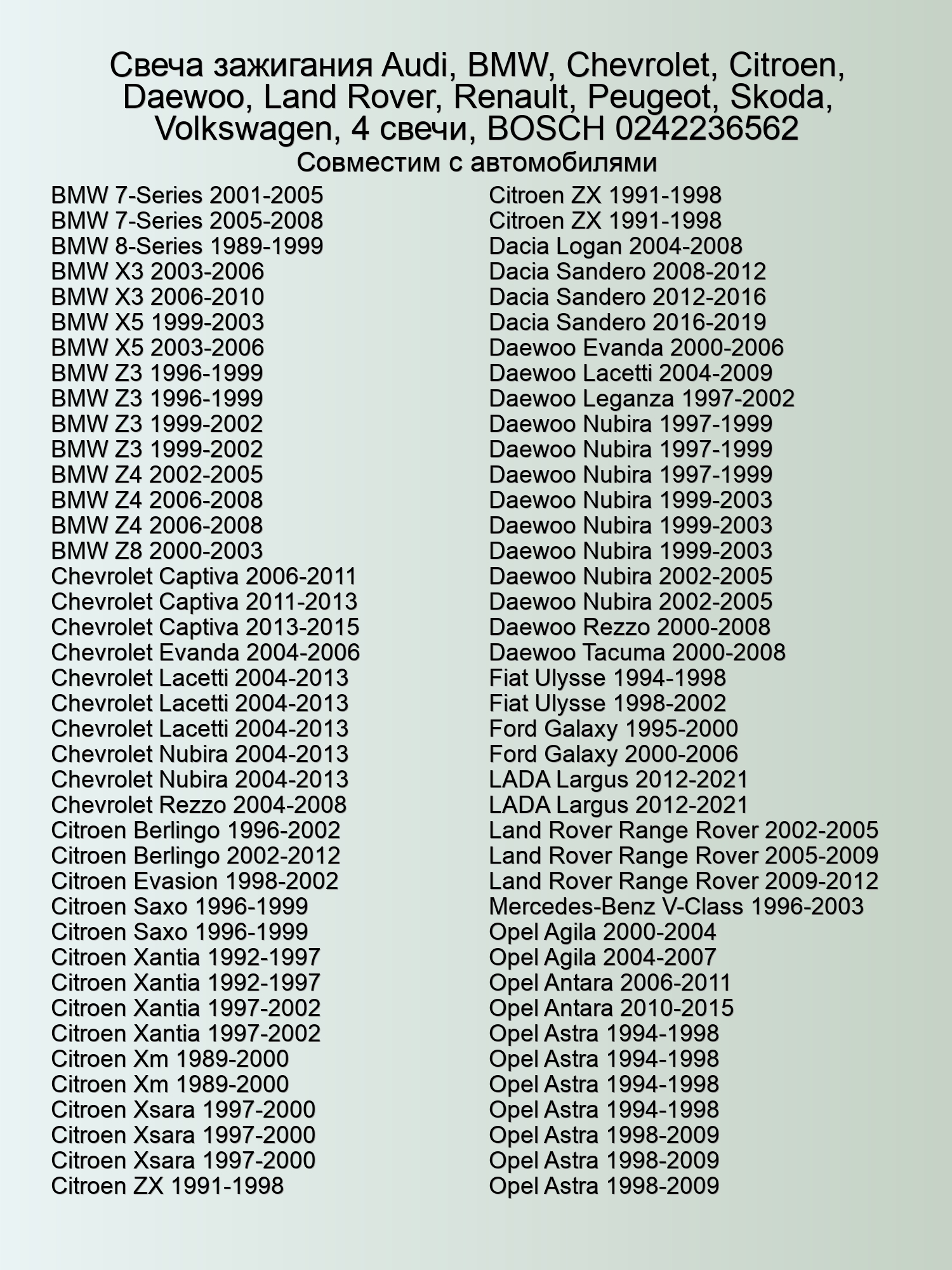 Свеча зажигания Audi, BMW, Chevrolet, Citroen, Daewoo, Land Rover, Renault, Peugeot, Skoda, Volkswagen, 4 свечи, BOSCH 0242236562