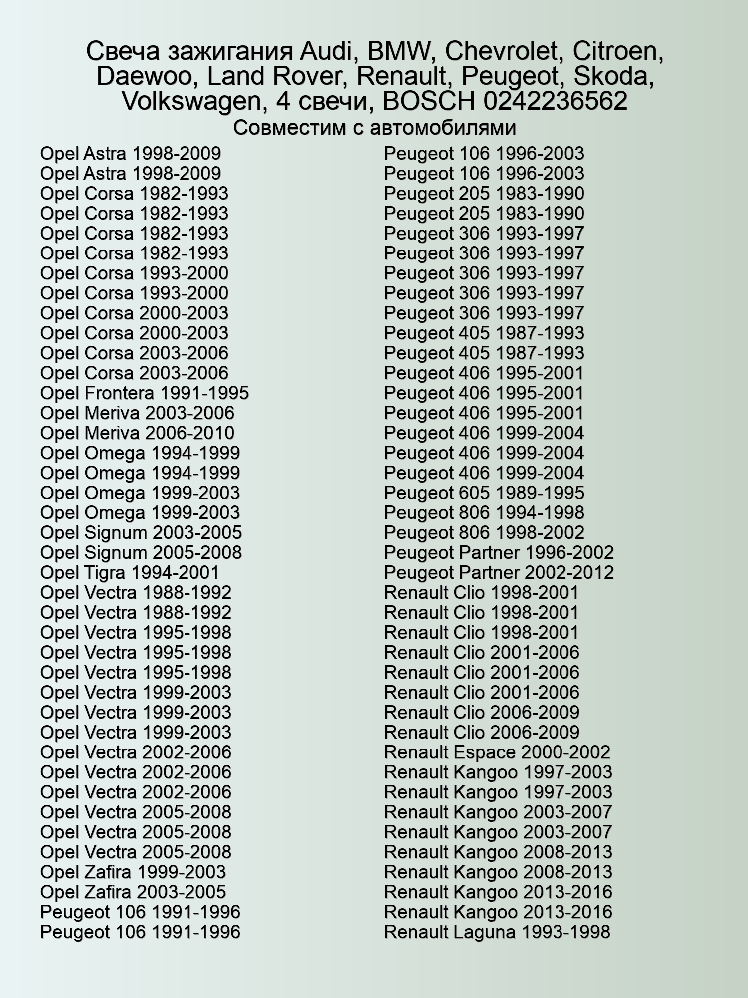 Свеча зажигания Audi, BMW, Chevrolet, Citroen, Daewoo, Land Rover, Renault, Peugeot, Skoda, Volkswagen, 4 свечи, BOSCH 0242236562