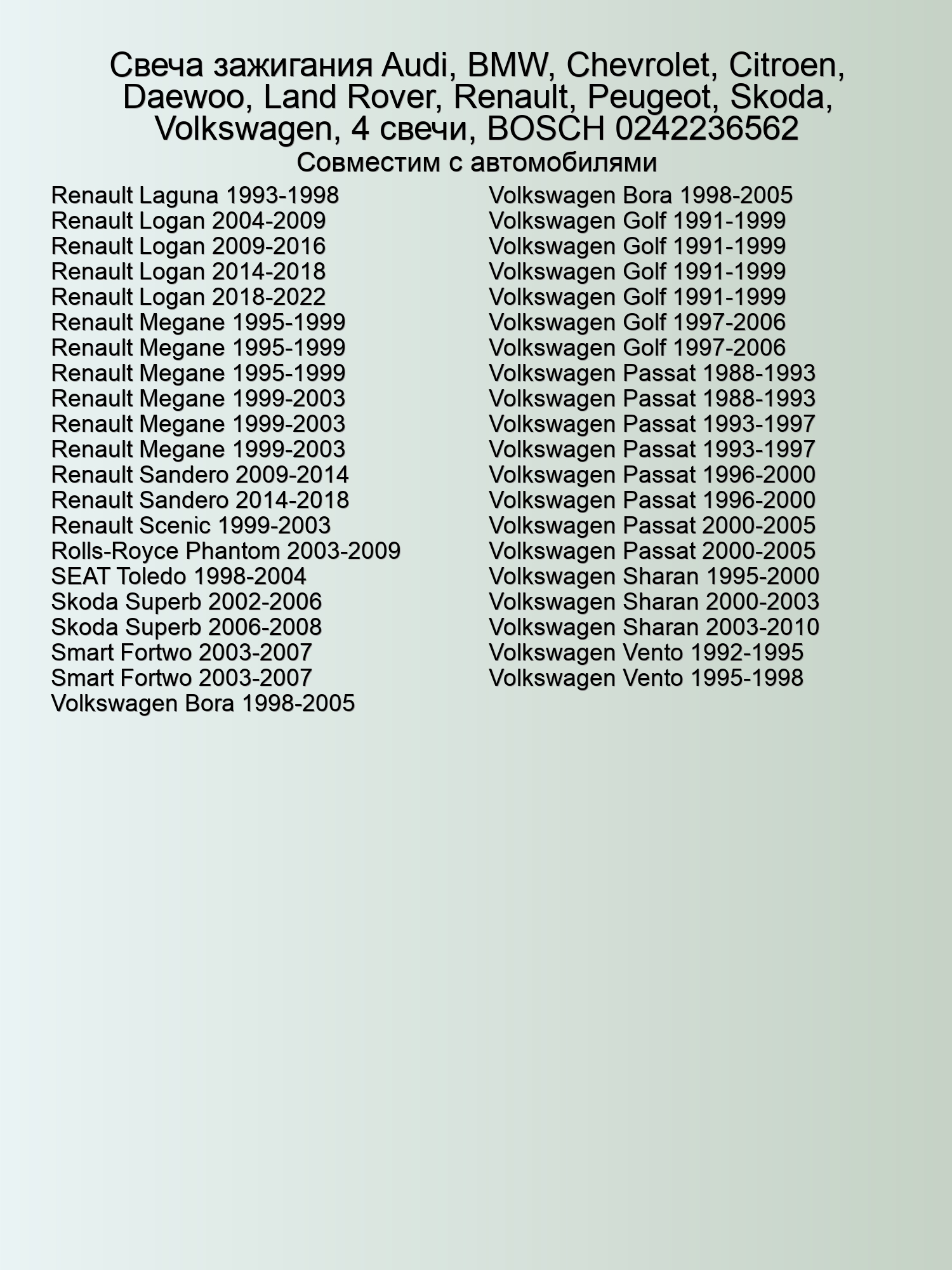 Свеча зажигания Audi, BMW, Chevrolet, Citroen, Daewoo, Land Rover, Renault, Peugeot, Skoda, Volkswagen, 4 свечи, BOSCH 0242236562